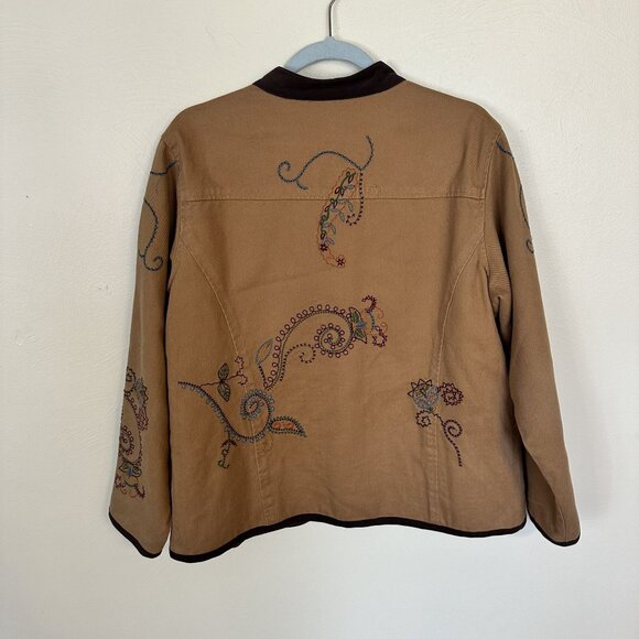 Womens Tan Embroidered Jacket Large 100% Cotton Denim & Co Pockets Button Up - Picture 4 of 8